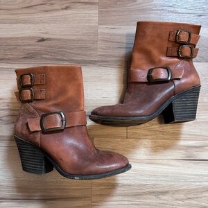 Lucky Brand Distressed Brown Heeled Boots with Side Buckle